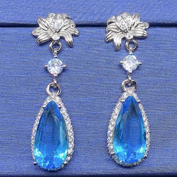 Jewelry - 💕  925 Silver Pear Cut Flower Shaped Blue Earrings for Women, FB16FA1039